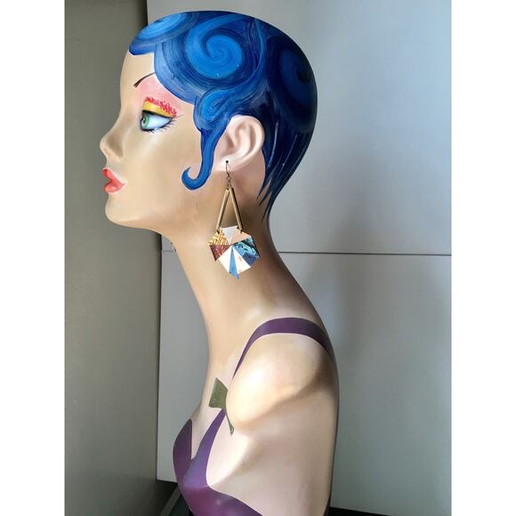 Artisian handmade Mosaic Leather and Brass Statement Earrings - Picture 4 of 10